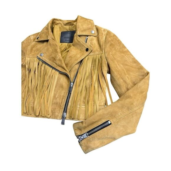 All Saints Tassel Fringe Cropped Genuine Suede Leather Biker Jacket sz 2 US - Picture 7 of 16